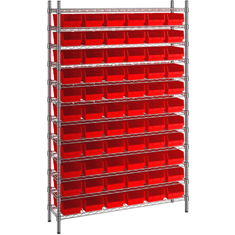 Regency 12 inch x 48 inch x 74 inch Wire Shelving Unit with 66 Red Bins