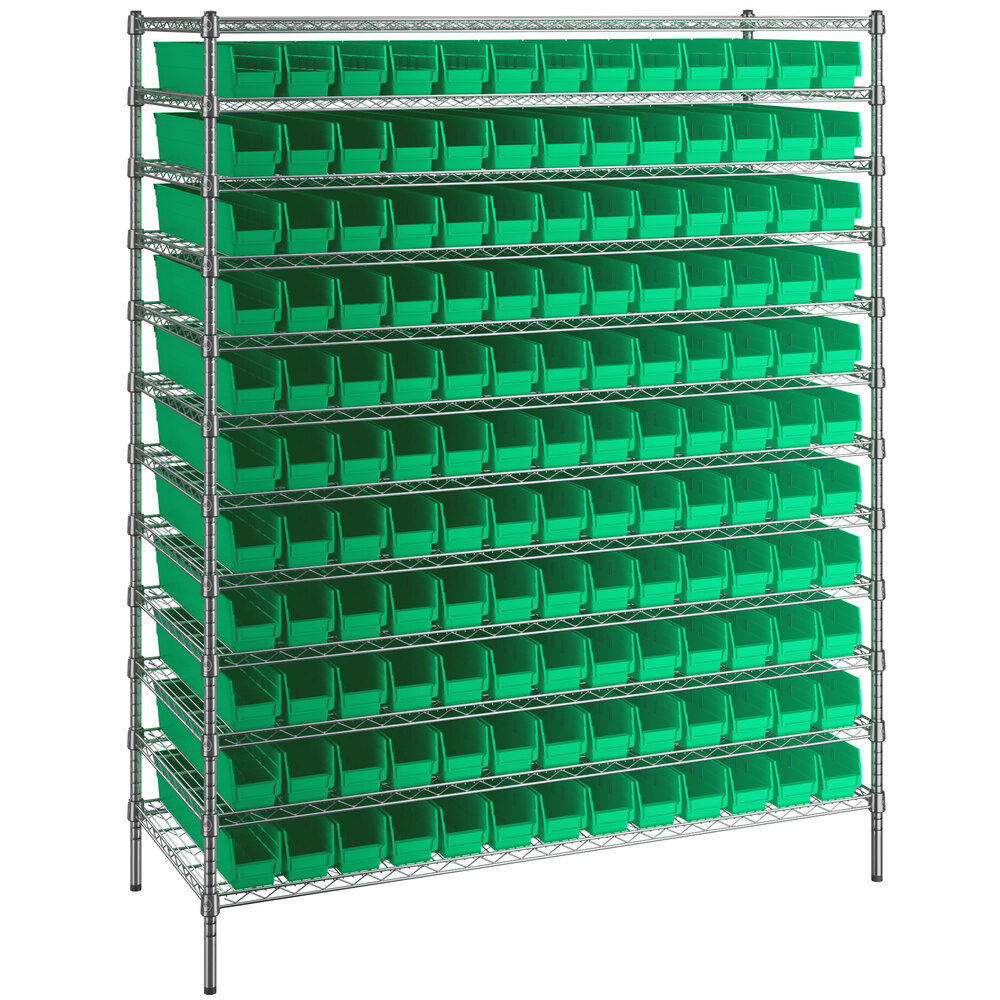 Regency 24 inch x 60 inch x 74 inch Wire Shelving Unit with 143 Green Bins