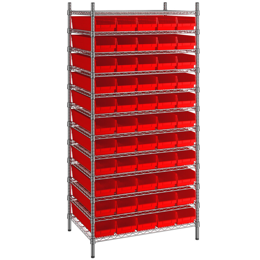 Regency 24 inch x 36 inch x 74 inch Wire Shelving Unit with 55 Red Bins