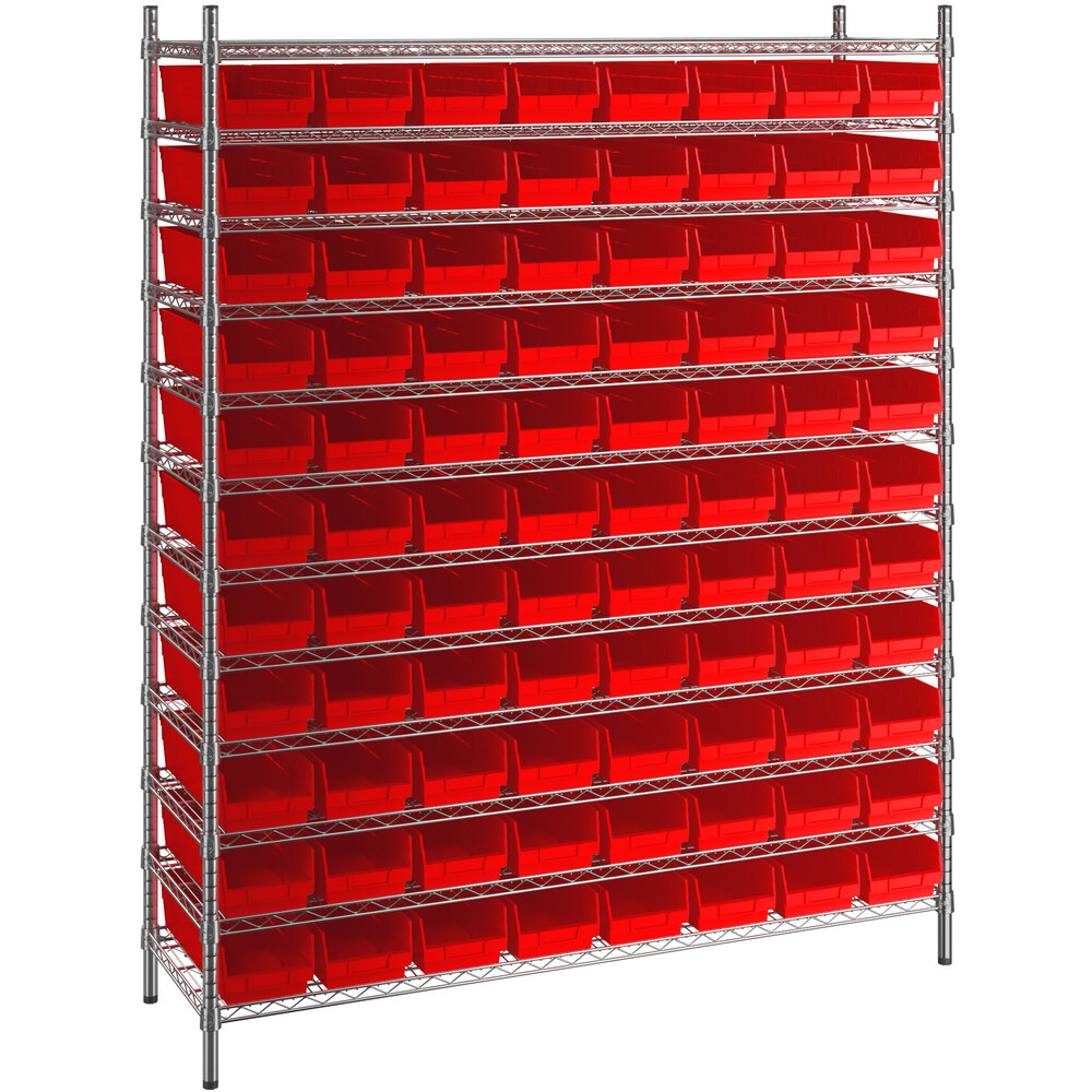 Regency 18 inch x 60 inch x 74 inch Wire Shelving Unit with 88 Red Bins