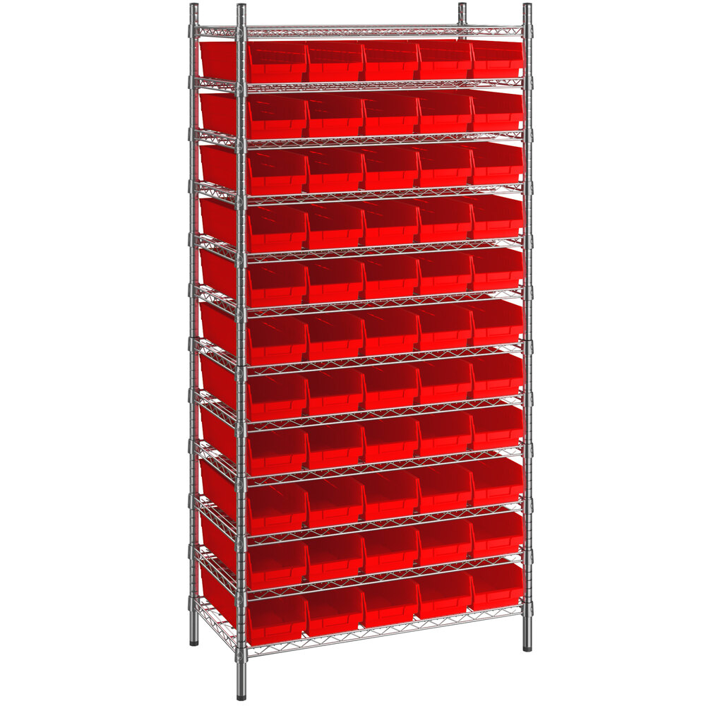 Regency 18 inch x 36 inch x 74 inch Wire Shelving Unit with 55 Red Bins