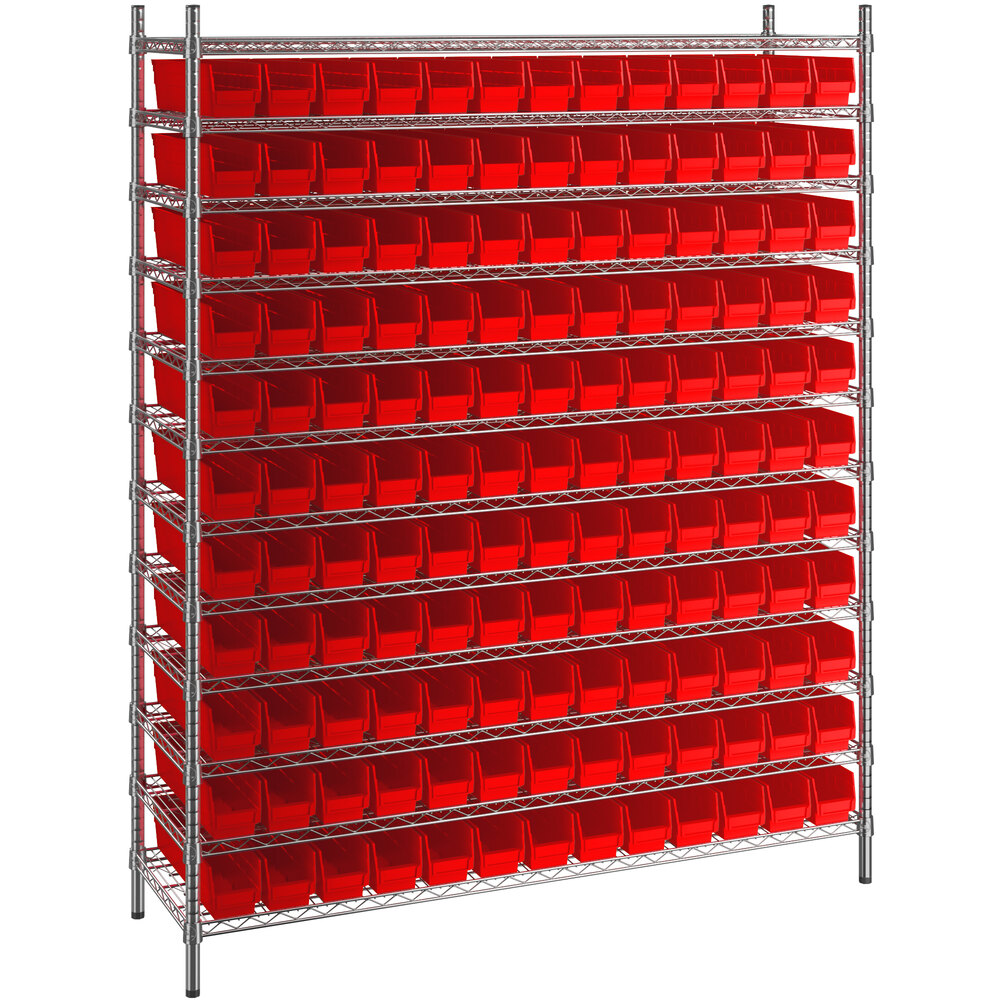 Regency 18 inch x 60 inch x 74 inch Wire Shelving Unit with 143 Red Bins