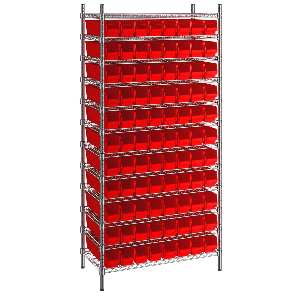 Regency 18 inch x 36 inch x 74 inch Wire Shelving Unit with 88 Red Bins