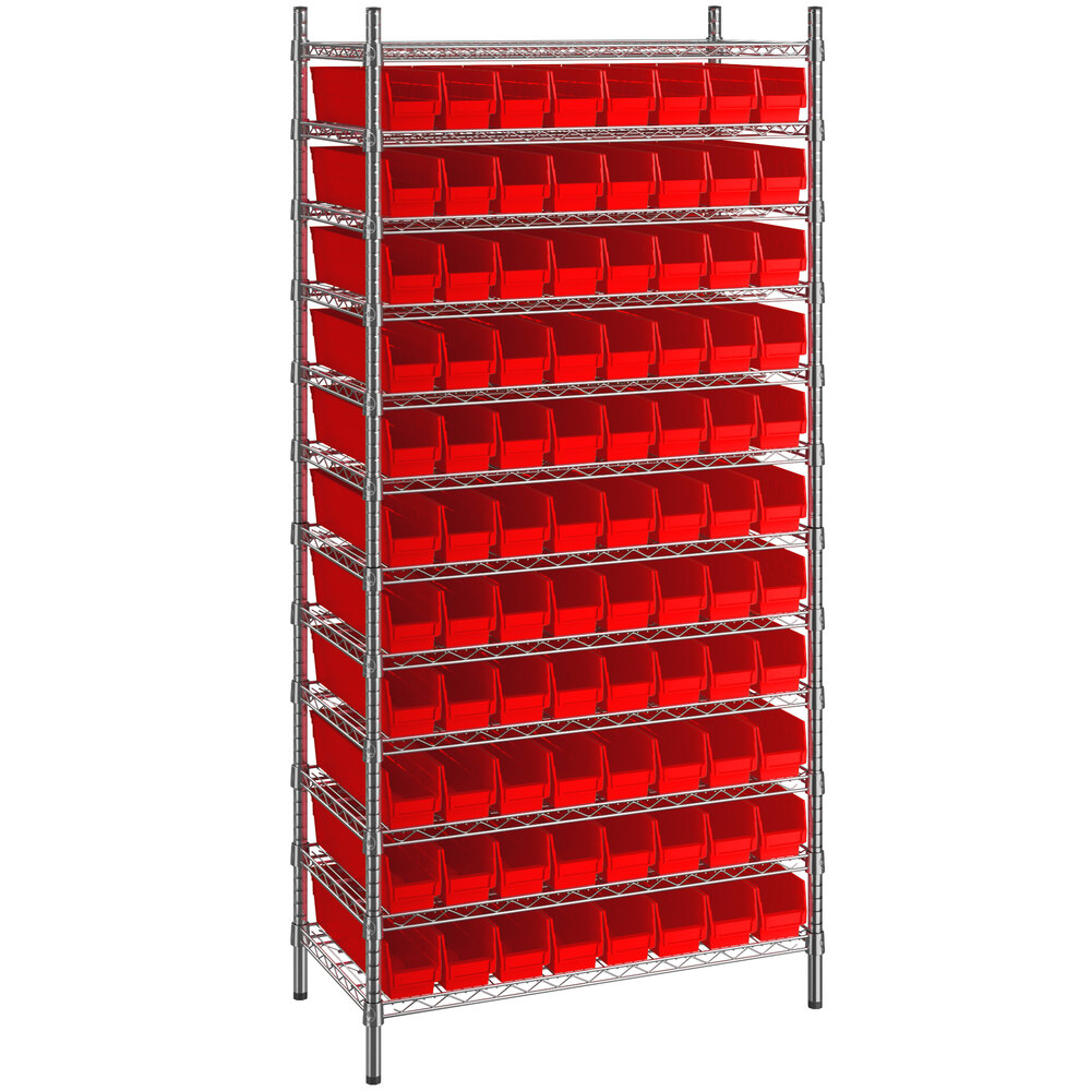 Regency 18 inch x 36 inch x 74 inch Wire Shelving Unit with 88 Red Bins