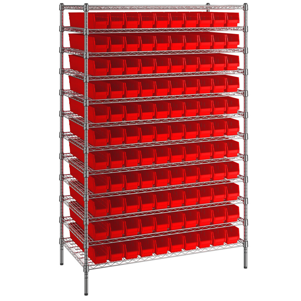 Regency 24 inch x 48 inch x 74 inch Wire Shelving Unit with 110 Red Bins