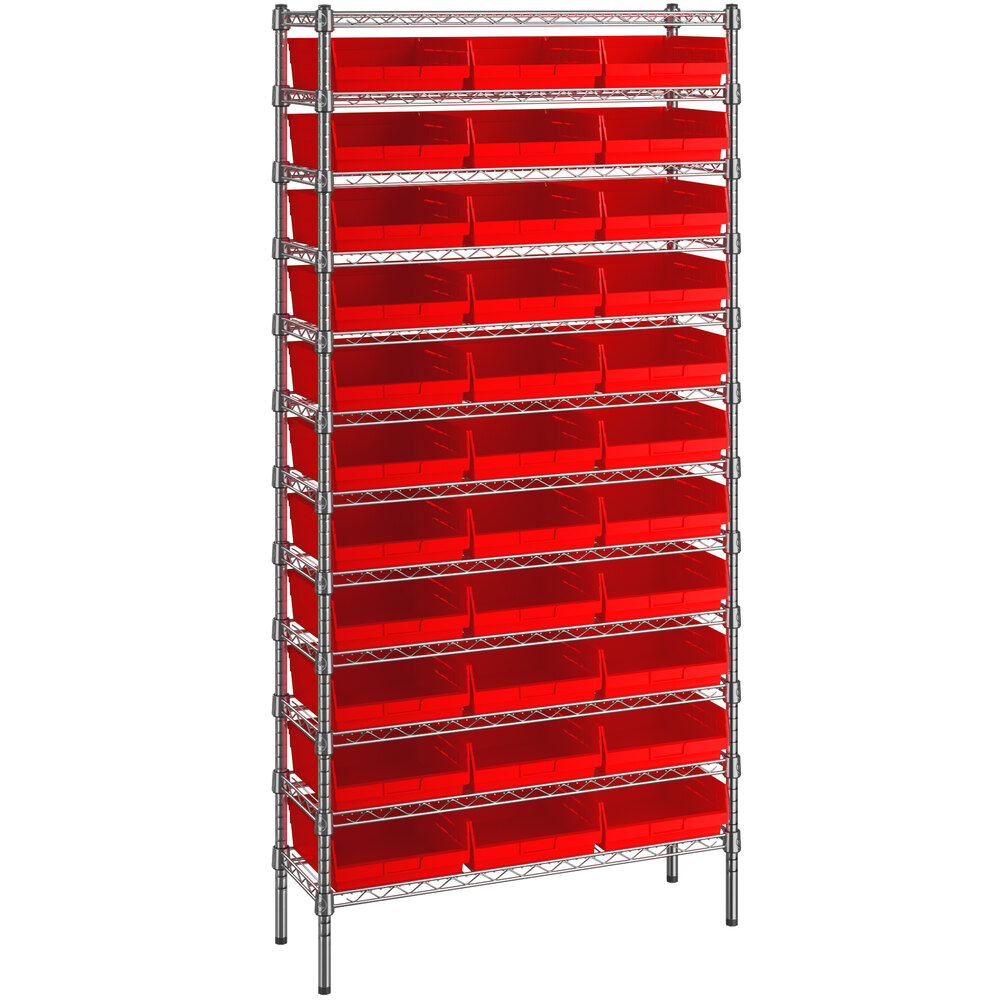 Regency 12 inch x 36 inch x 74 inch Wire Shelving Unit with 33 Red Bins