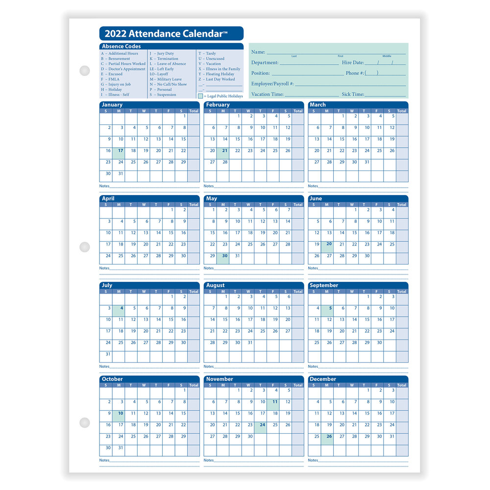 Attendance Calendar 2022 Complyright White 2022 Attendance Calendar Card - 25/Pack