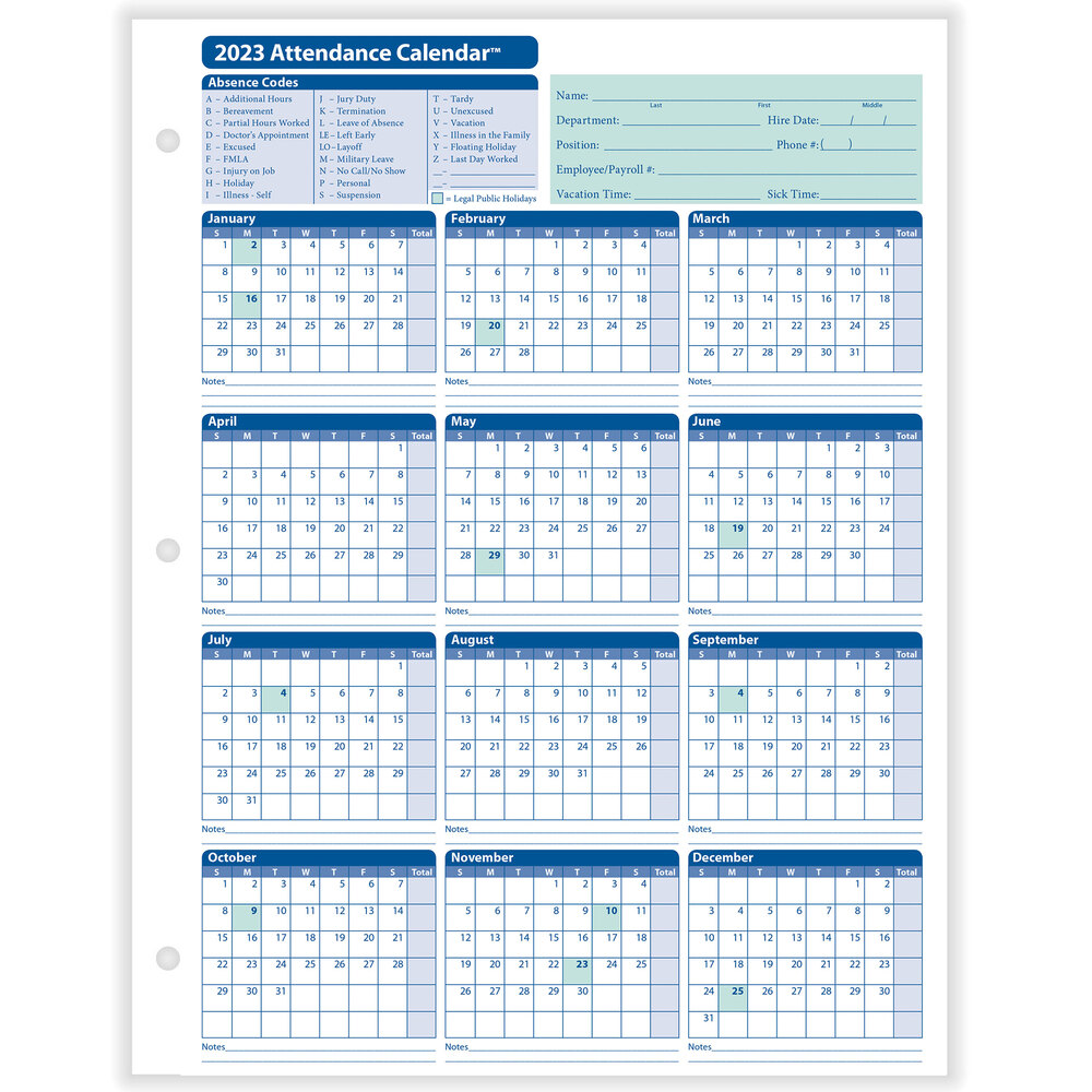 White Pack of 25 ComplyRight A40002518AMZ 2019 Attendance Calendar Card 