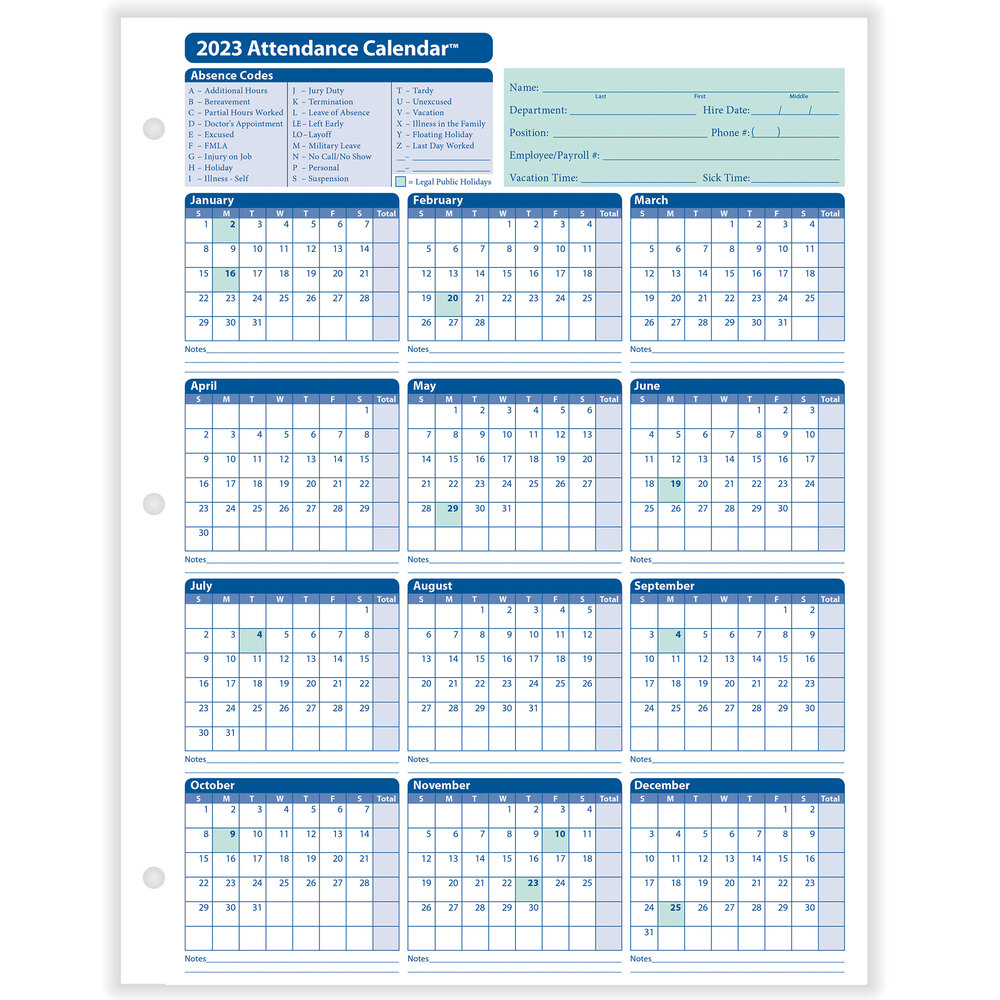 ComplyRight White 2023 Attendance Calendar Card 25 Pack