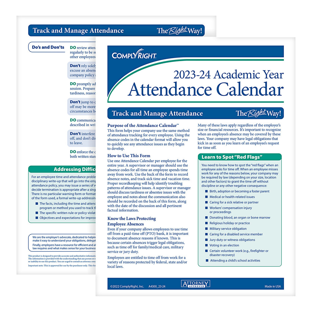 ComplyRight 2023/2024 White Academic Year Attendance Calendar - 50/Pack