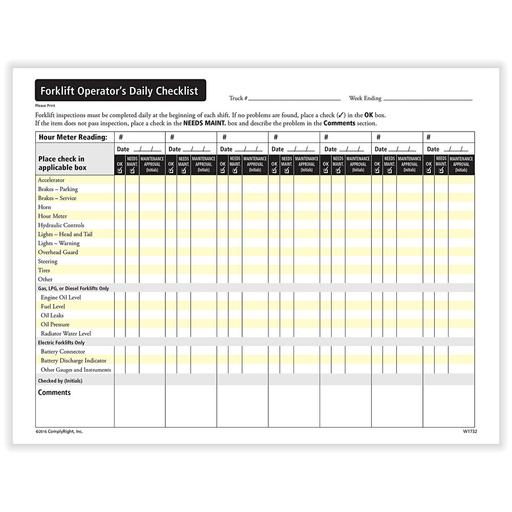 ComplyRight Forklift Daily Checklist 50/Pack