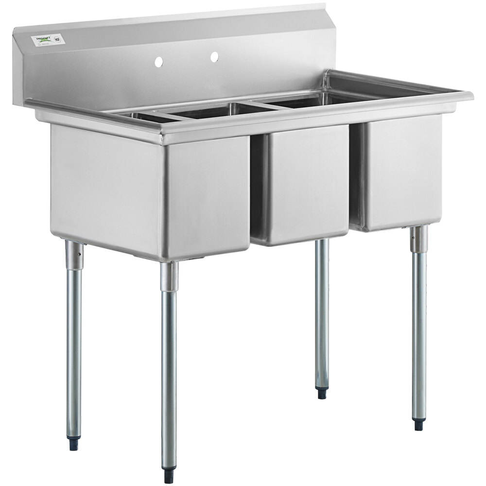 Regency 45 inch 16-Gauge Stainless Steel Three Compartment Commercial Sink with Galvanized Steel Legs - 12 inch x 20 inch x 12 inch Bowls