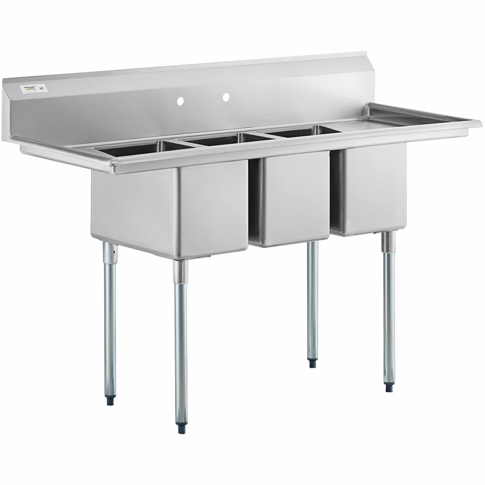 Regency 64 inch 16-Gauge Stainless Steel Three Compartment Commercial Sink with Galvanized Steel Legs and 2 Drainboards - 12 inch x 20 inch x 12 inch Bowls
