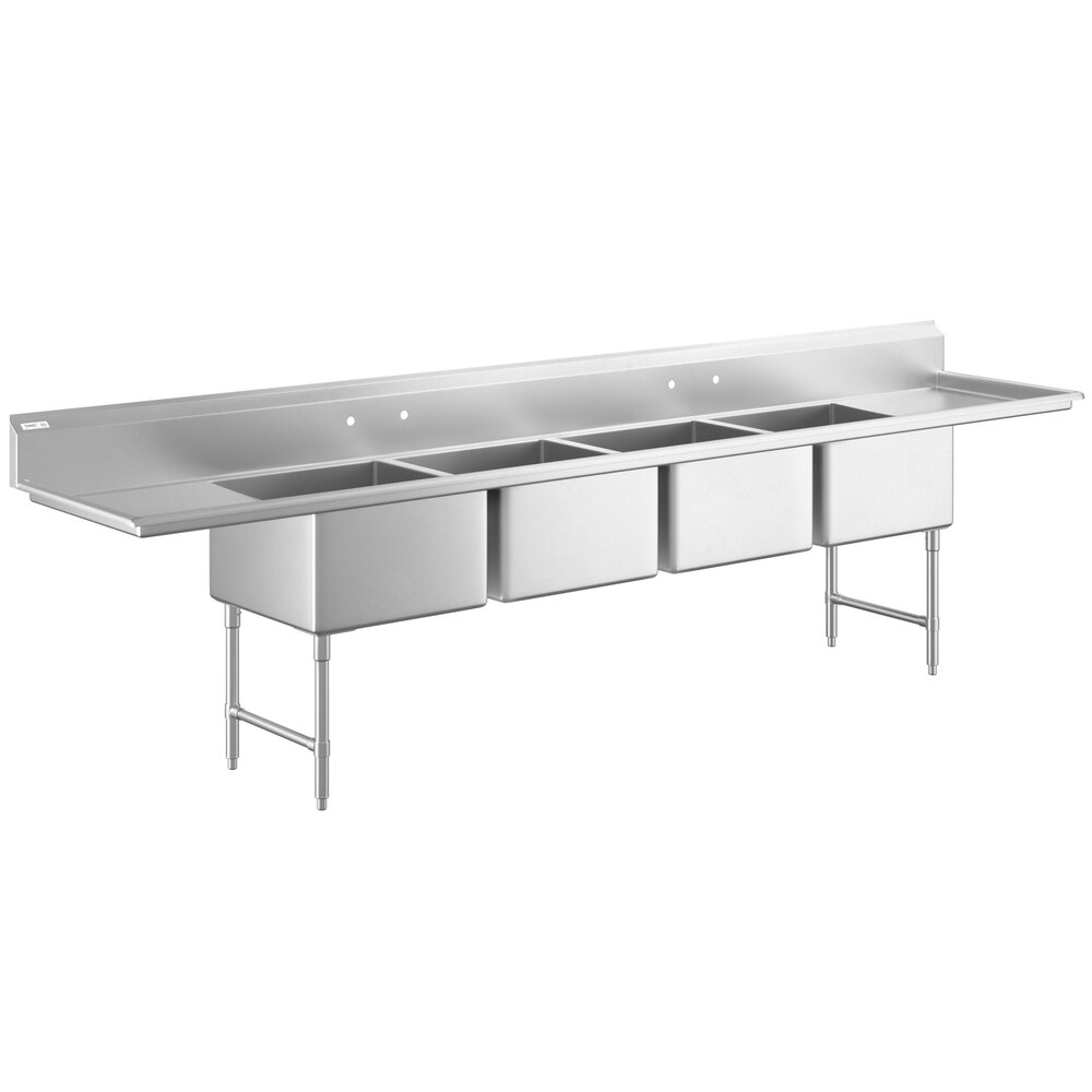 Regency 16 Gauge Stainless Steel Four Compartment Commercial Sink with Two Drainboards - 24 inch x 24 inch x 14 inch Bowls