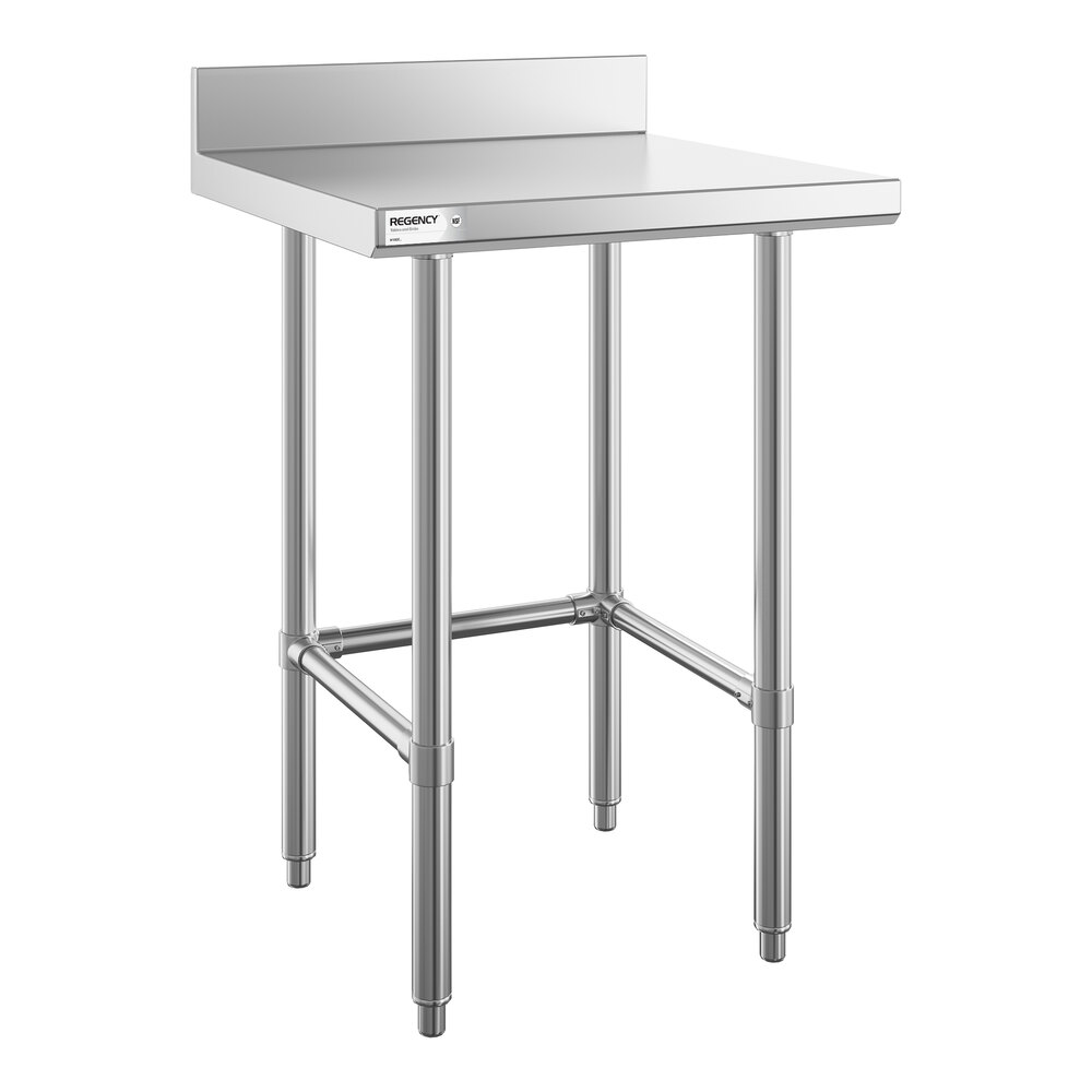 A stainless steel work table with four legs, an open base, and a 4-inch backsplash along the back edge.