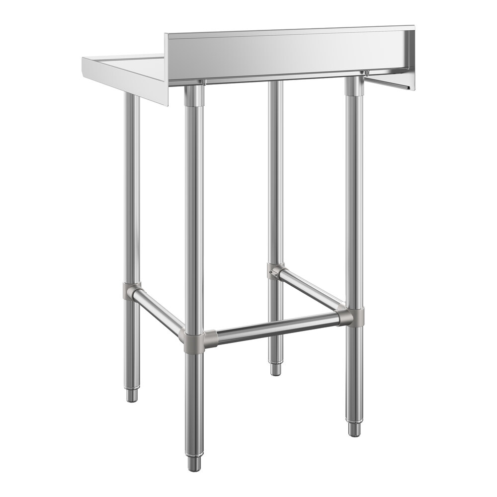 A stainless steel work table with an open base, four legs, and a 4-inch backsplash on one side.