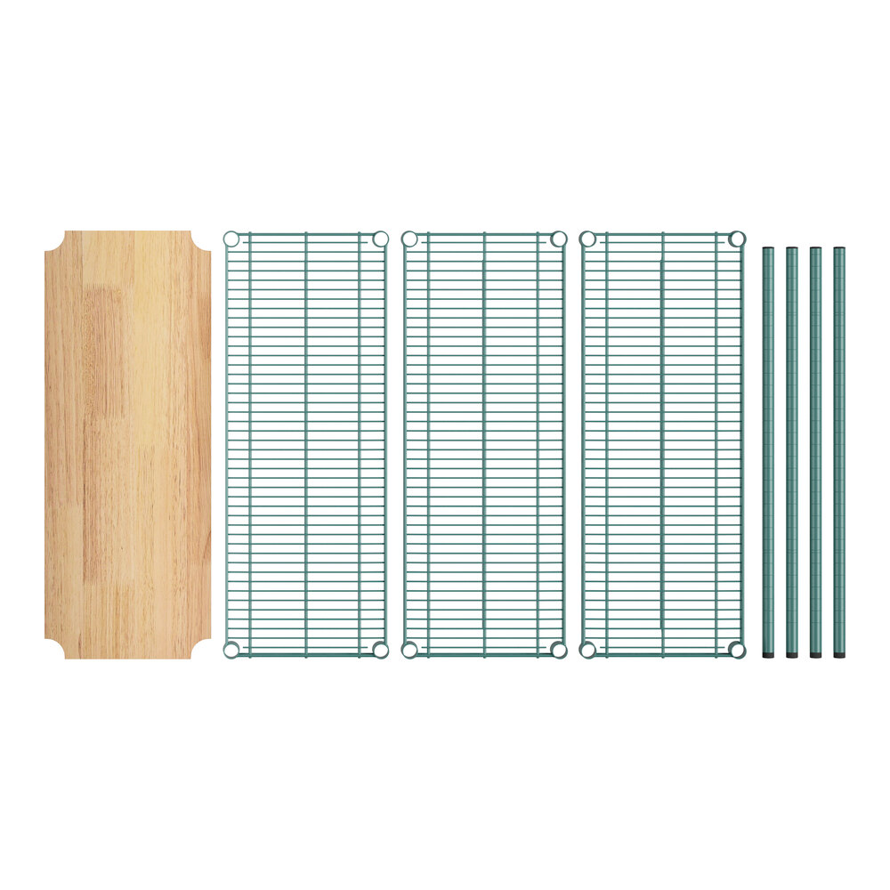 A Regency metal shelving rack with wooden shelves.