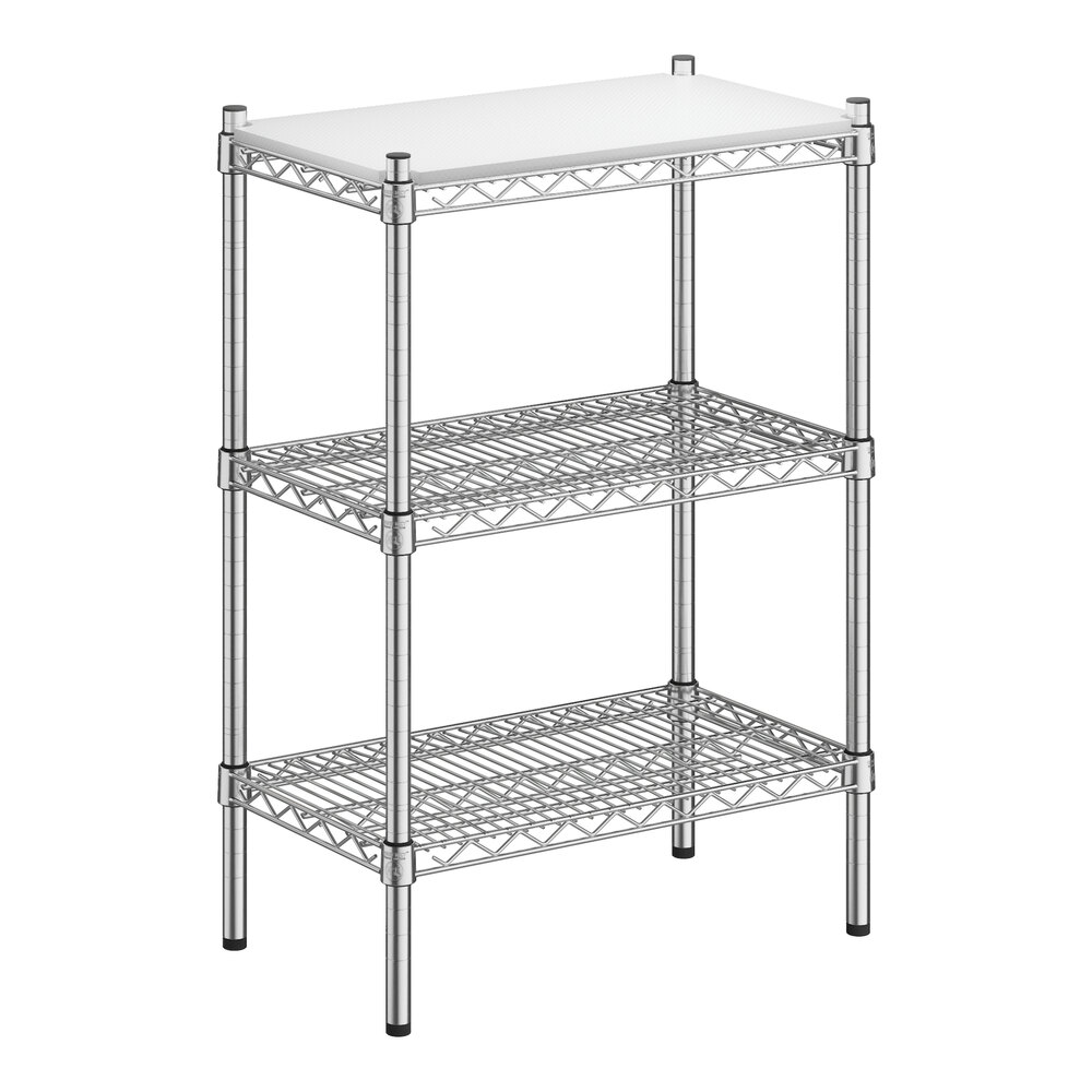 A Regency chrome metal shelving unit with removable white shelves.