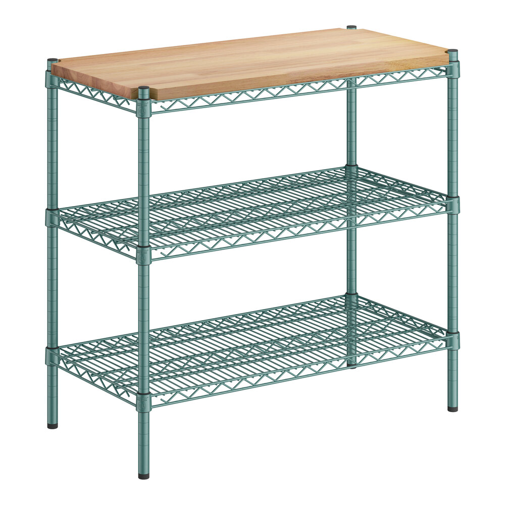 A Regency metal shelf with a wood and metal shelf top.