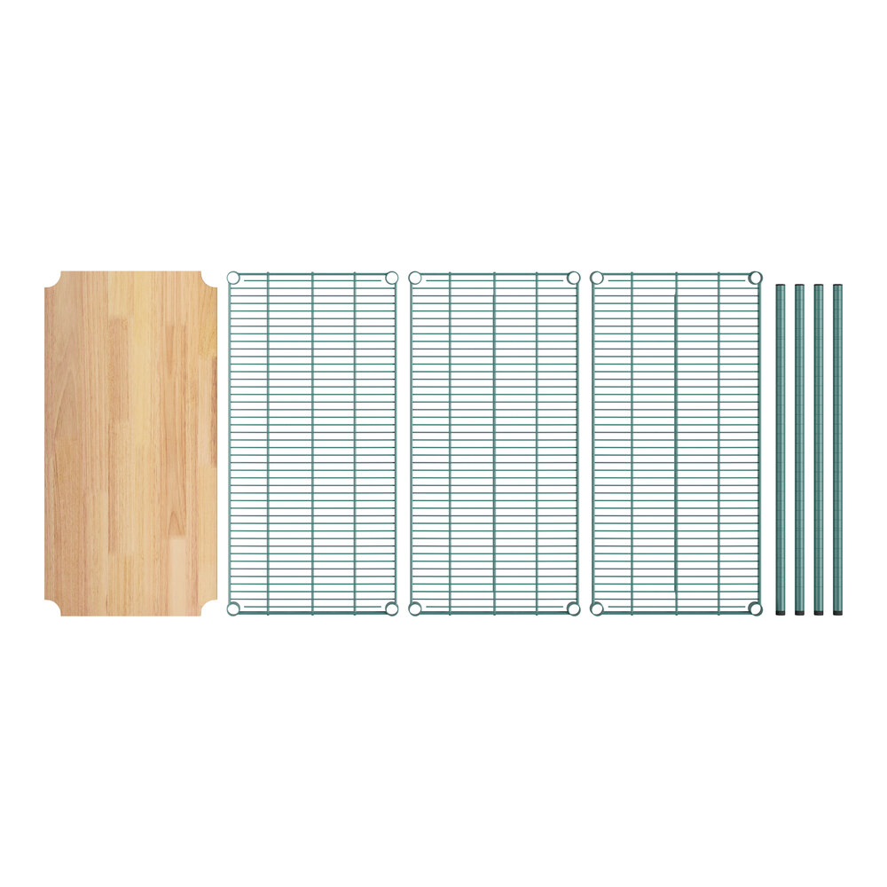 A Regency green wire shelving unit with wooden shelves.