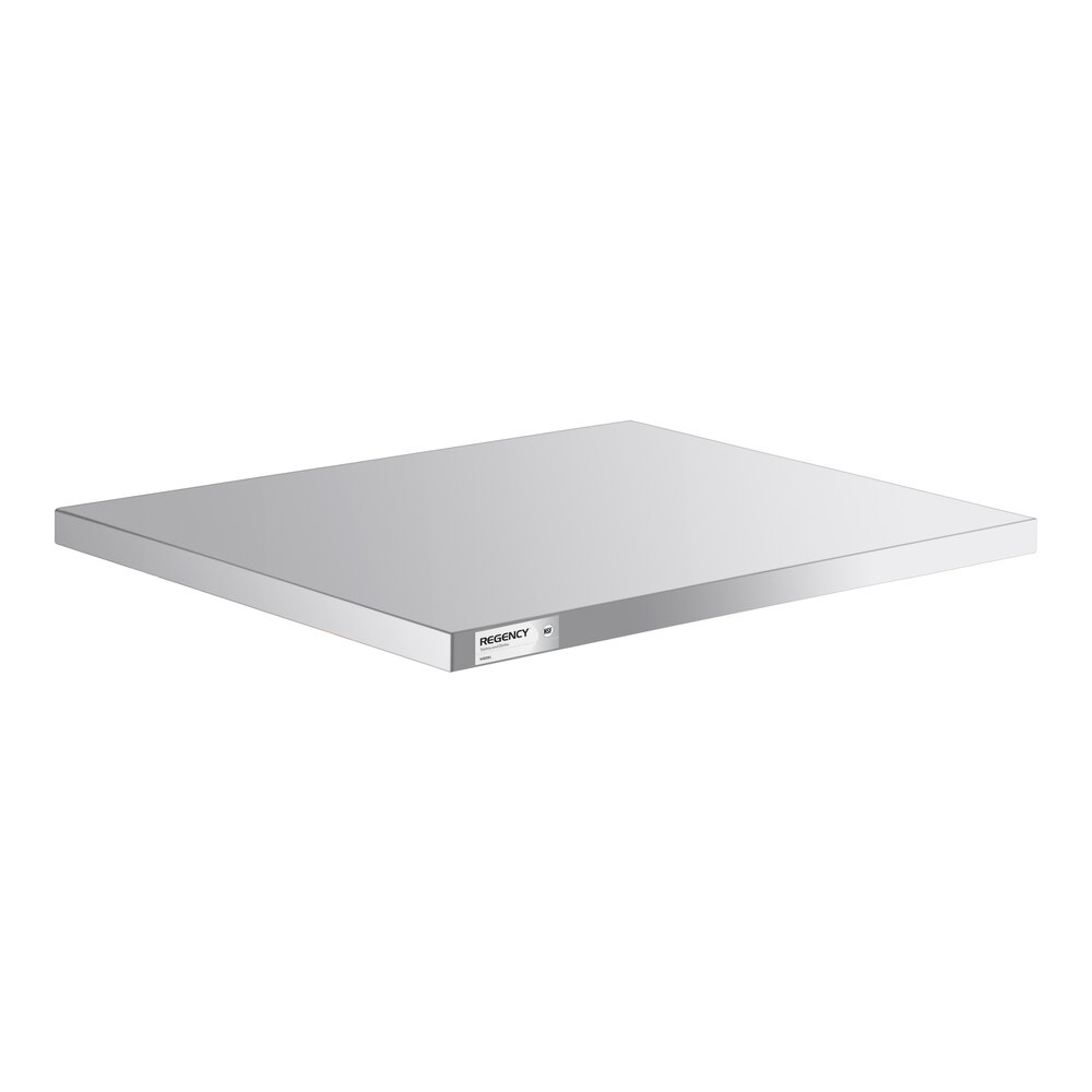 A rectangular, flat, metallic shelf with a smooth reflective surface and a small label on the front edge.