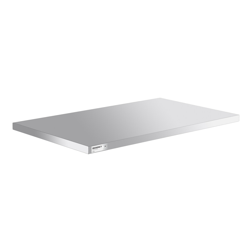 A rectangular, flat, metallic shelf with a smooth surface and a small label on the front edge.