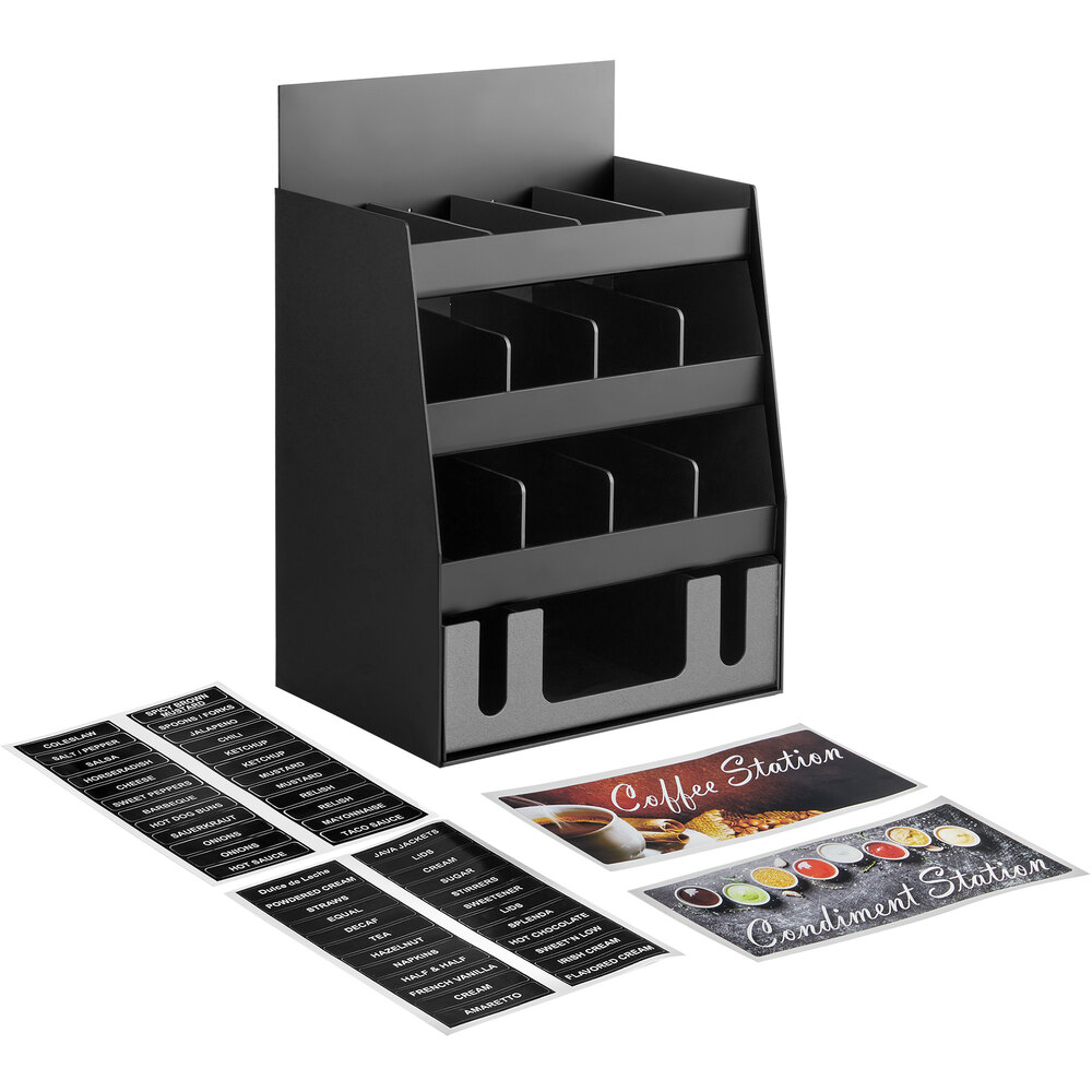 ServSense Black 15Section Countertop Condiment Organizer with Drawer and Header Decals 16" x