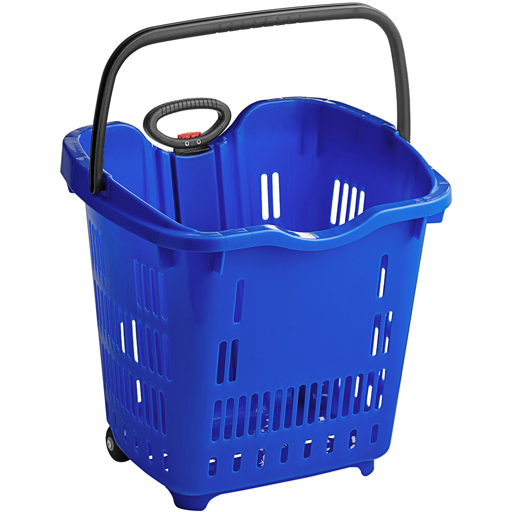 Regency Blue 21 1/4 inch x 16 1/2 inch Plastic Grocery Market Shopping Basket with Wheels