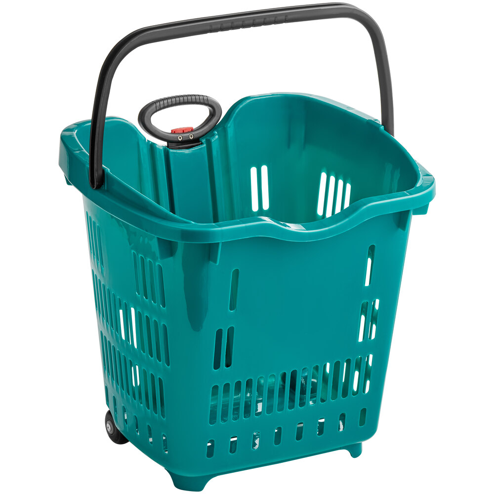 Regency Green 21 1/4 inch x 16 1/2 inch Plastic Grocery Market Shopping Basket with Wheels