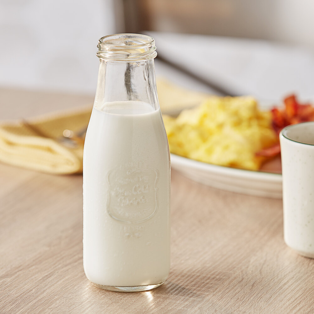 Acopa 10 oz. Embossed Glass Milk Bottle with Lid - 12/Case