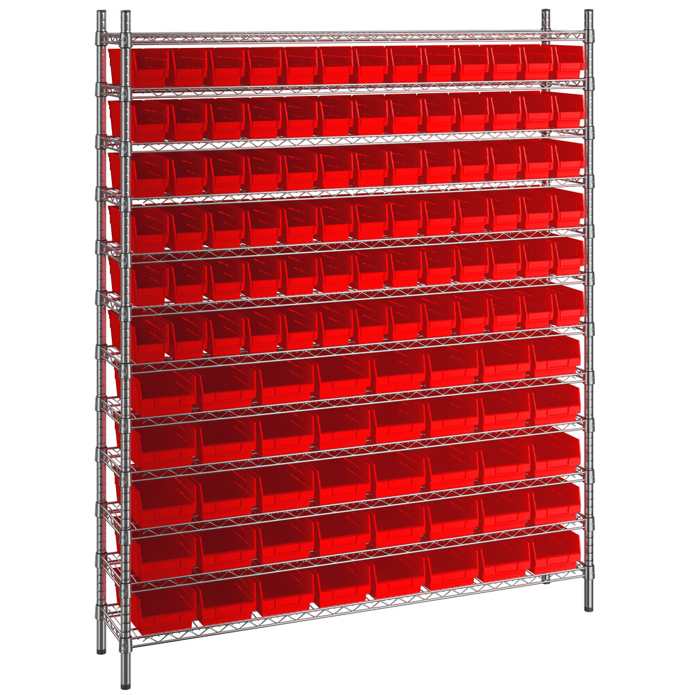 Regency 12 inch x 60 inch x 74 inch Wire Shelving Unit with 118 Red Bins