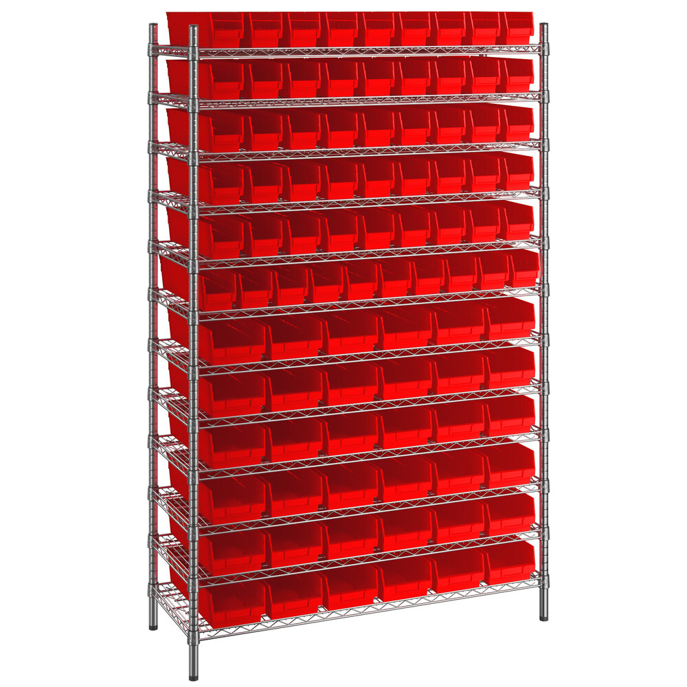Regency 18 inch x 48 inch x 74 inch Wire Shelving Unit with 91 Red Bins