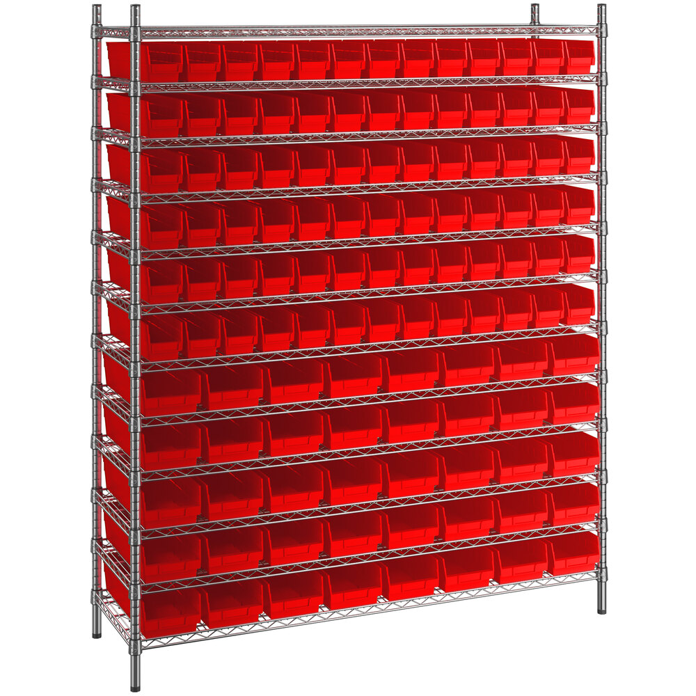 Regency 18 inch x 60 inch x 74 inch Wire Shelving Unit with 118 Red Bins