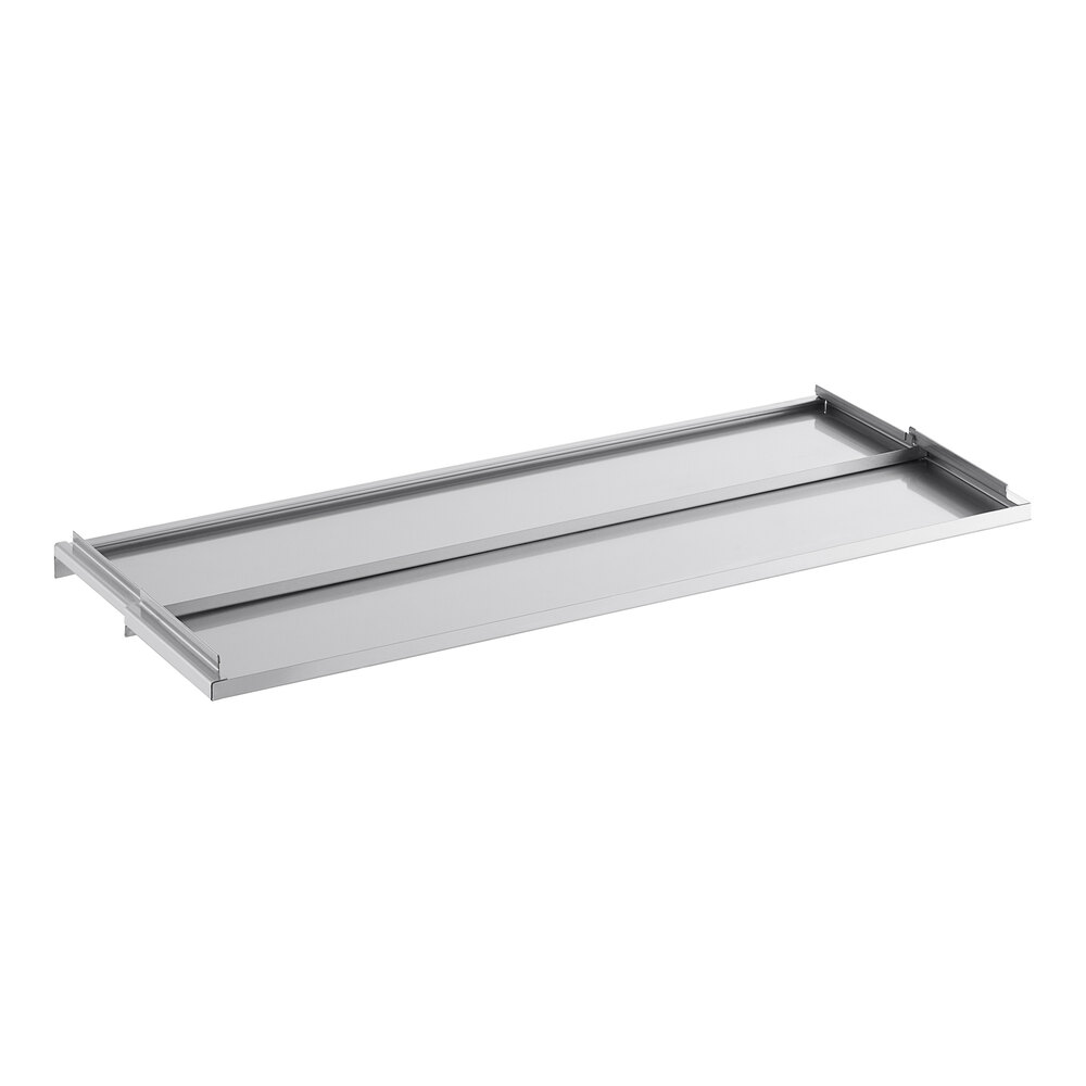 A rectangular, flat, stainless steel sliding lid with raised edges and tracks on the sides.