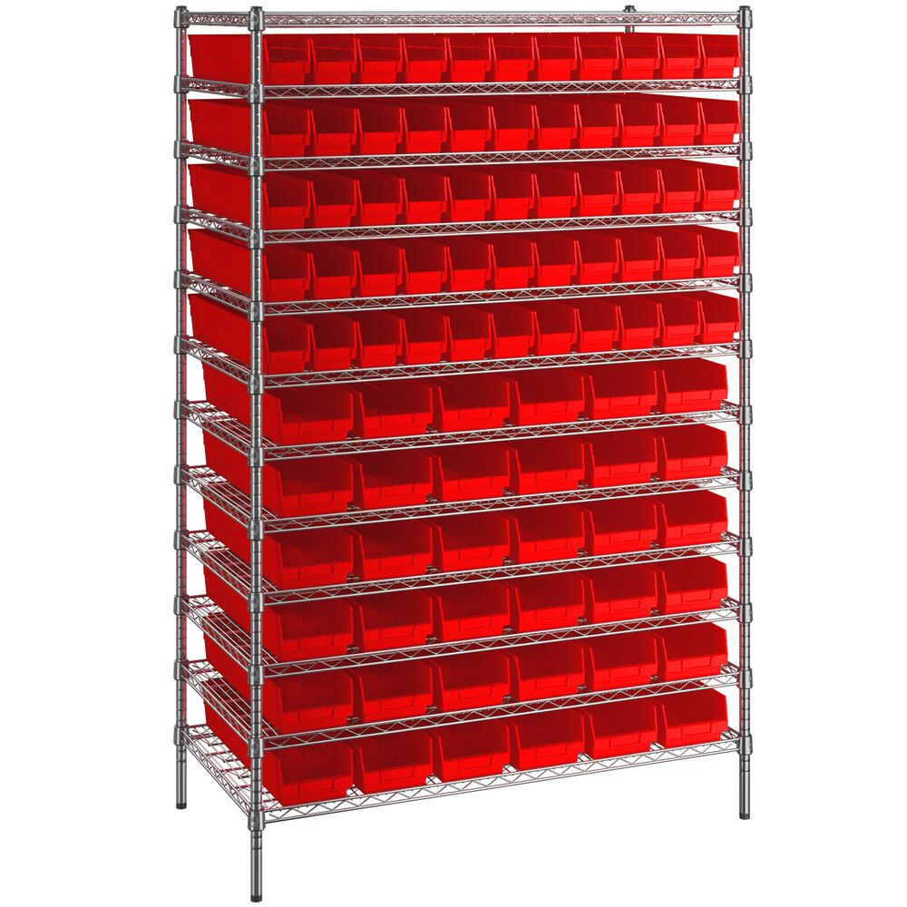 Regency 24 inch x 48 inch x 74 inch Wire Shelving Unit with 91 Red Bins
