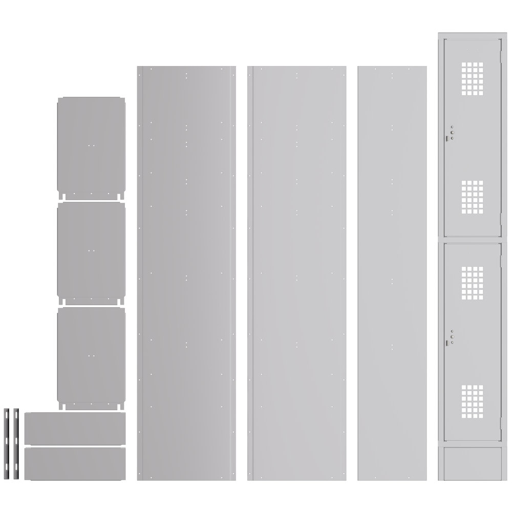 A set of grey metal lockers with white rectangles and lines.