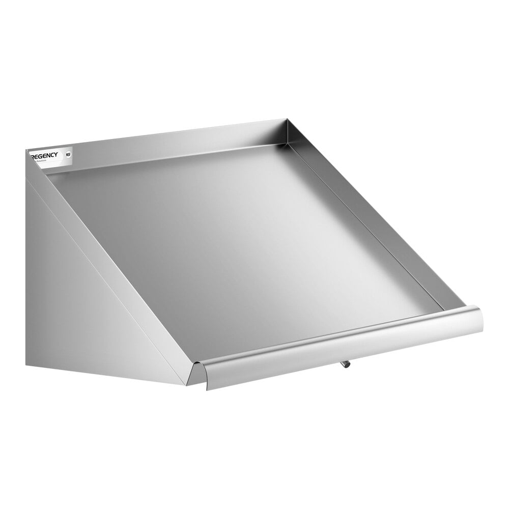 A stainless steel wall-mounted slanted rack shelf.