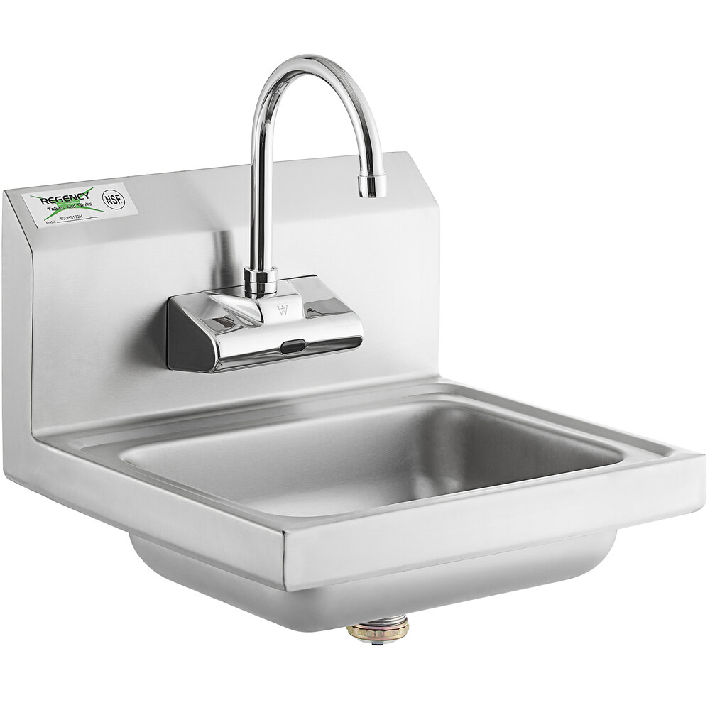 Regency 17 inch x 15 inch Wall-Mounted Hand Sink with 6 1/8 inch Gooseneck Spout Sensor Faucet