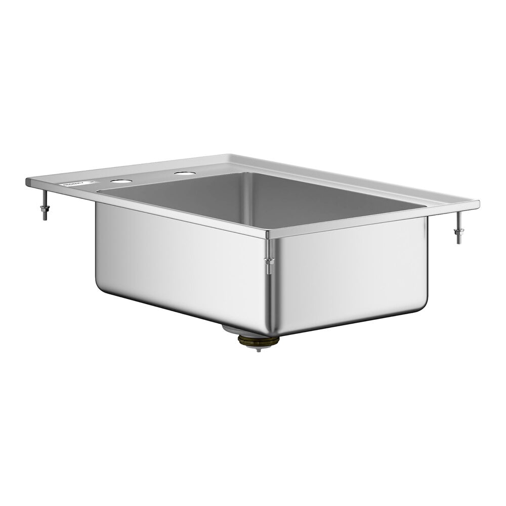 A rectangular stainless steel sink with a deep basin, flat rim, and two faucet holes on the back edge.