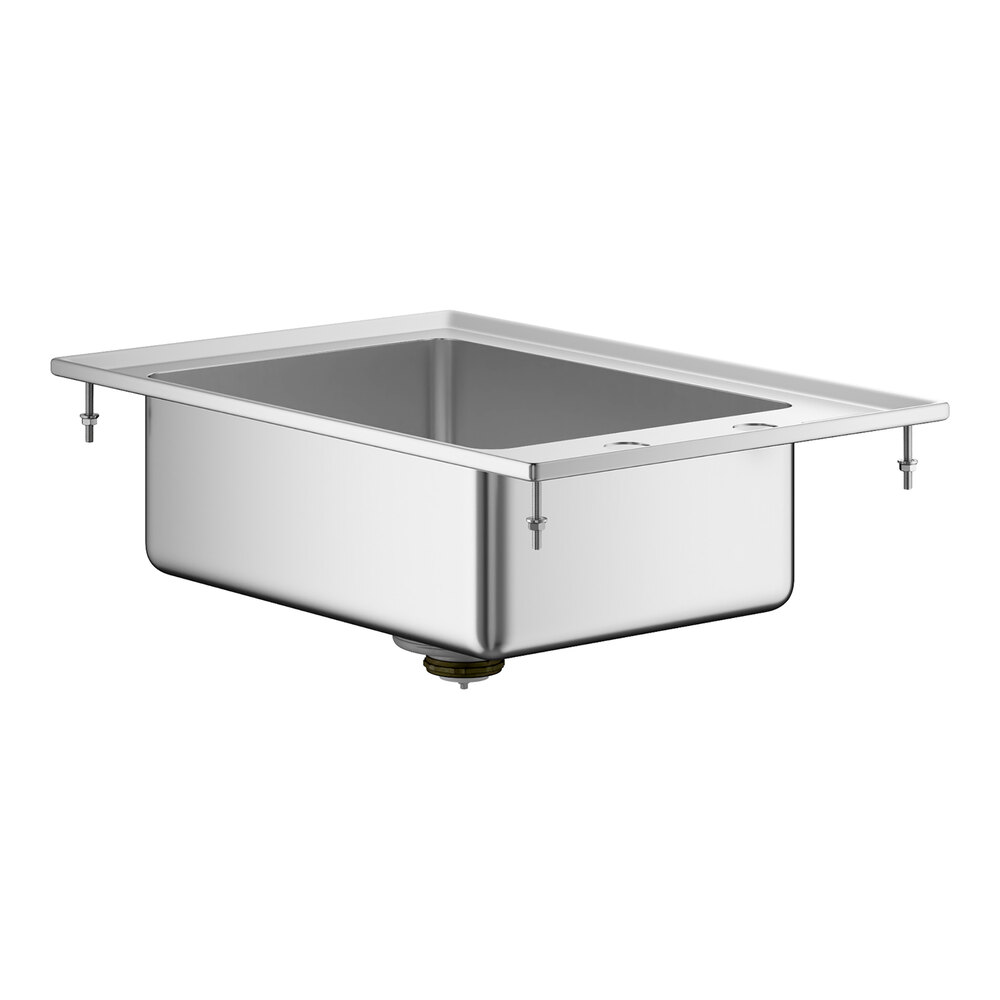 A rectangular stainless steel sink with a deep basin and mounting hardware visible on the corners.
