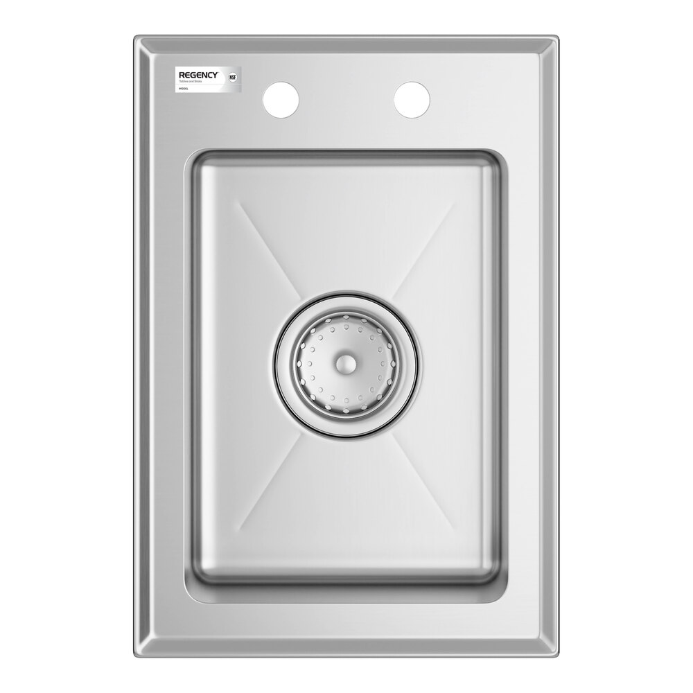 A rectangular stainless steel sink with a single deep basin, two faucet holes, and a central drain.