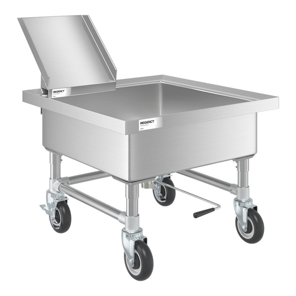 A stainless steel mobile soaking sink with a detachable chute, four caster wheels, and a rectangular basin.
