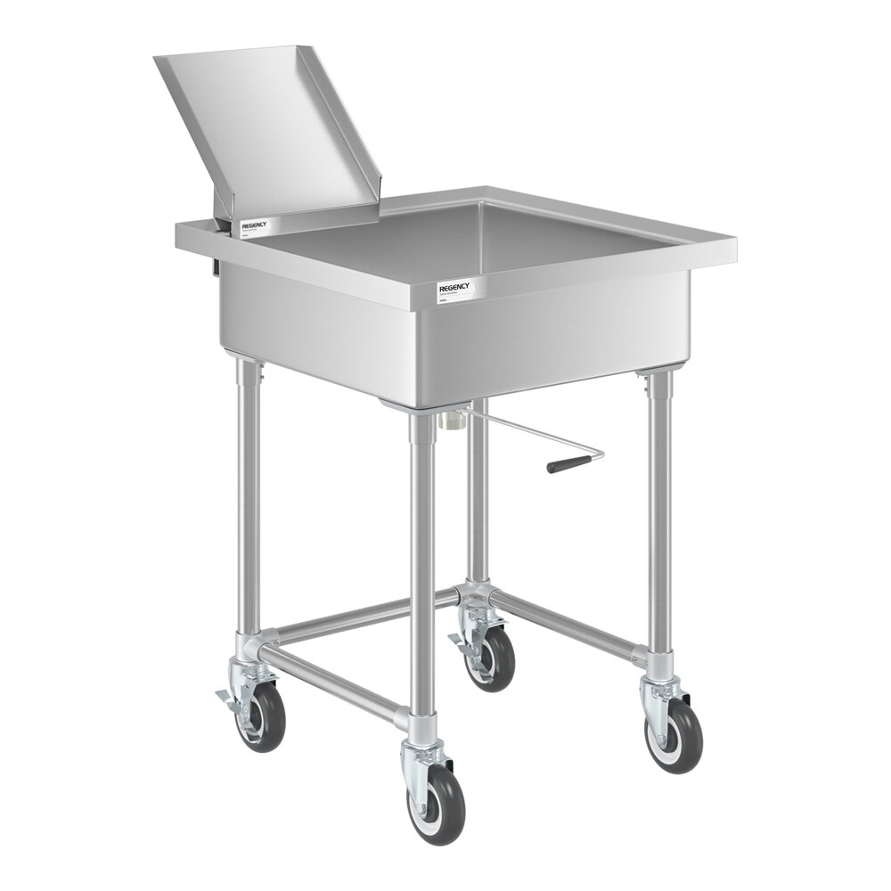 A stainless steel mobile soaking sink with an open top, four legs on caster wheels, and a detachable chute.