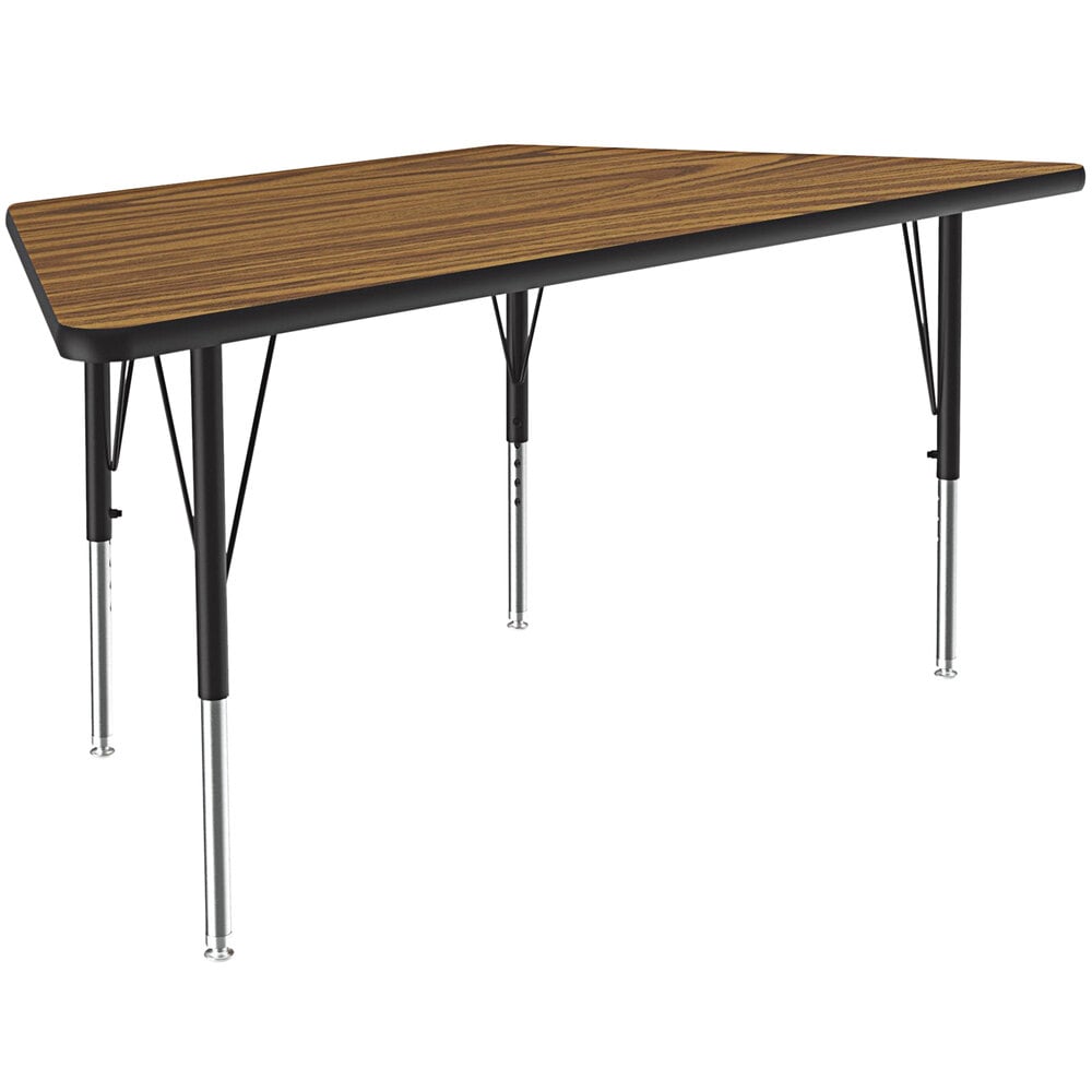 Correll Trapezoid Activity Table - 24" X 48" Laminate Top, Medium Oak, Adjustable Height 19" To 29", Black/Chrome Frame