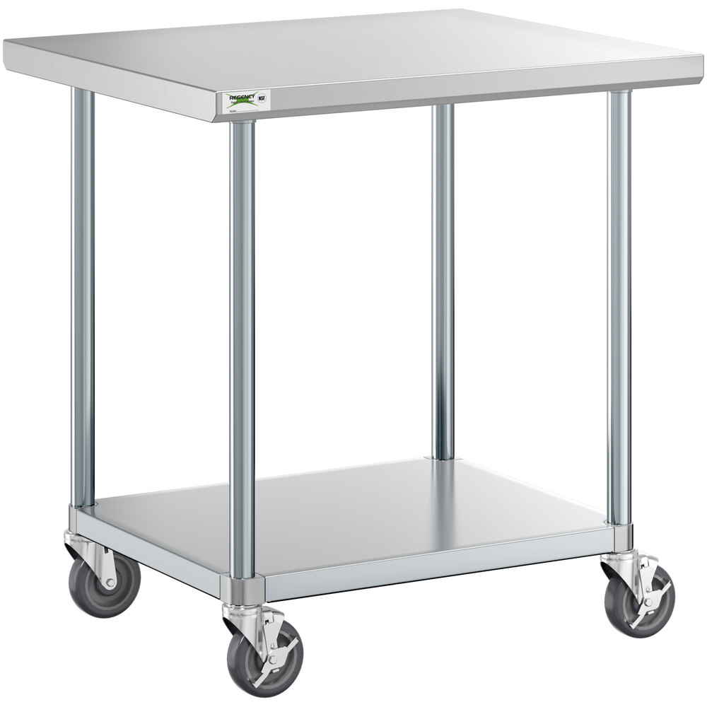 Regency 30 inch x 36 inch 18-Gauge 304 Stainless Steel Commercial Work Table with Galvanized Legs, Undershelf, and Casters