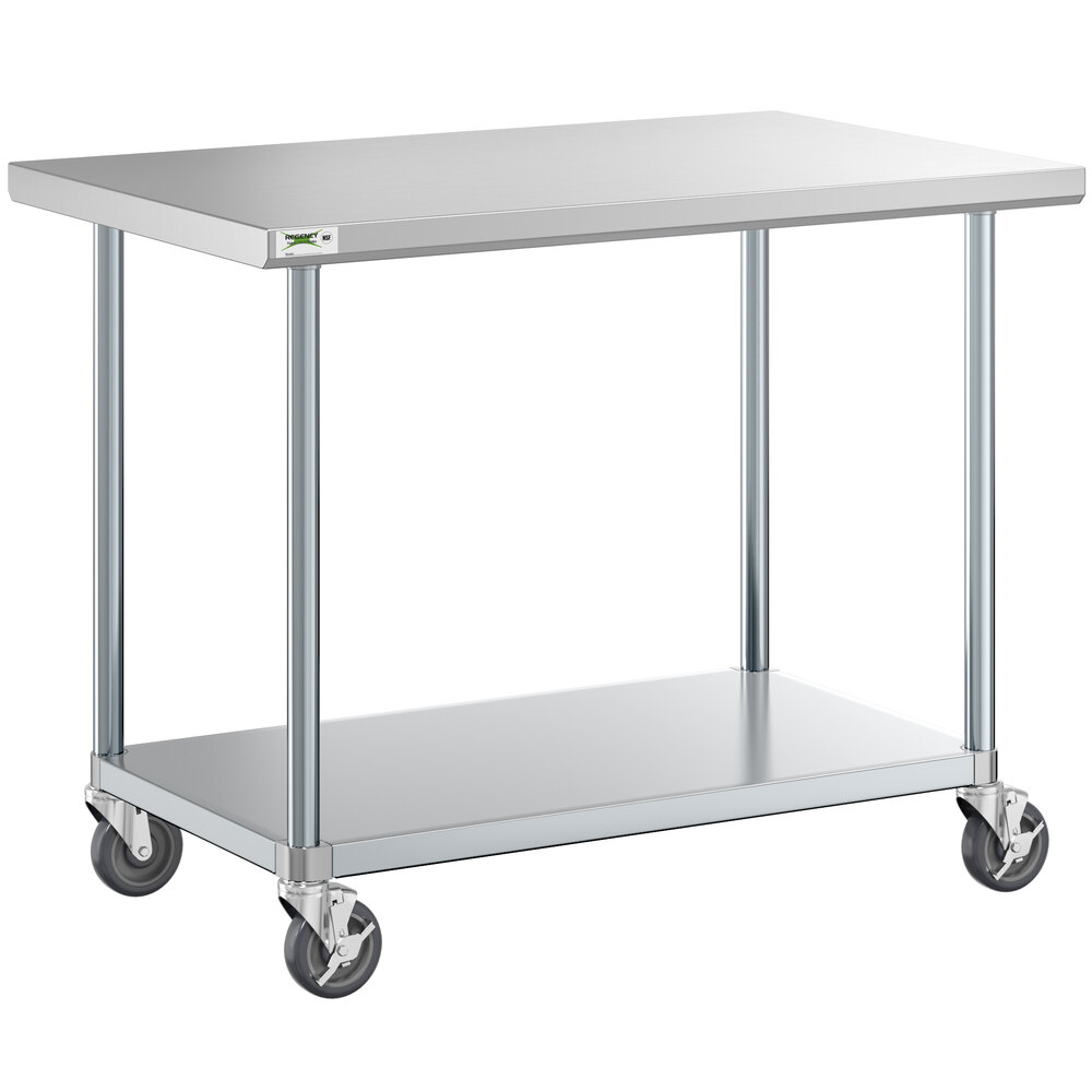 Regency 30 inch x 48 inch 18-Gauge 304 Stainless Steel Commercial Work Table with Galvanized Legs, Undershelf, and Casters