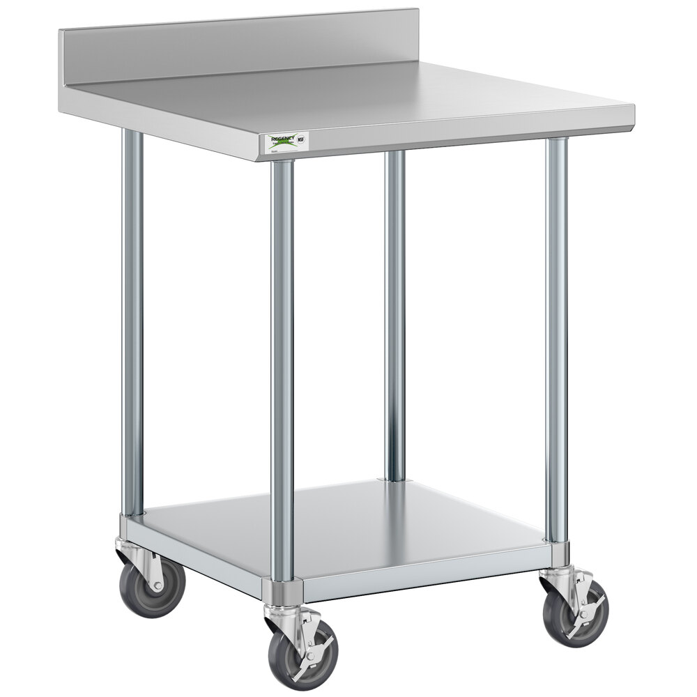 Regency 30 inch x 30 inch 18-Gauge 304 Stainless Steel Commercial Work Table with 4 inch Backsplash, Galvanized Legs, Undershelf, and Casters