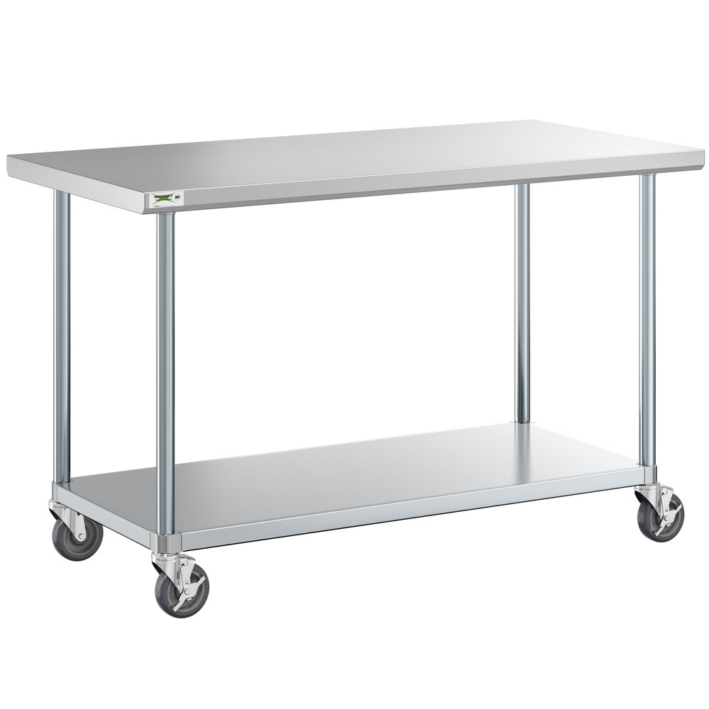 Regency 30 inch x 60 inch 18-Gauge 304 Stainless Steel Commercial Work Table with Galvanized Legs, Undershelf, and Casters