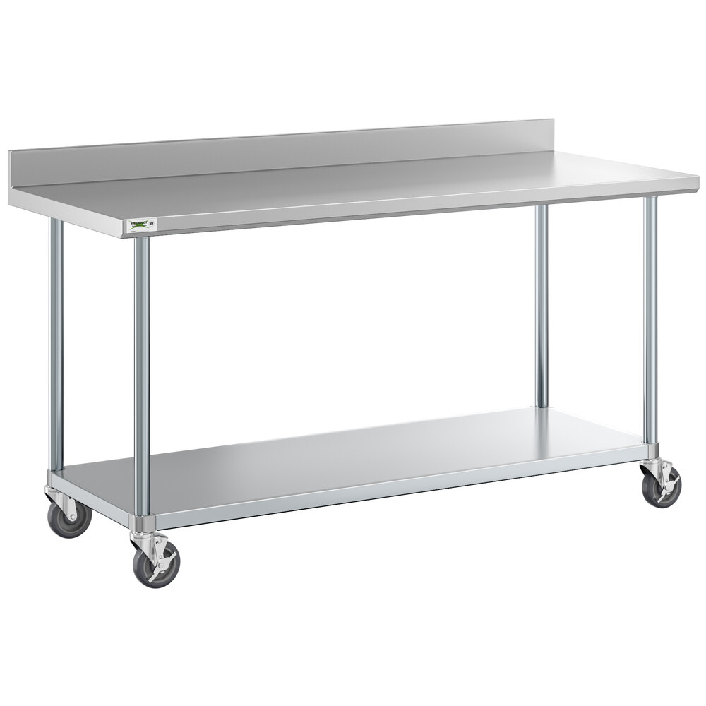 Regency 30 inch x 72 inch 18-Gauge 304 Stainless Steel Commercial Work Table with 4 inch Backsplash, Galvanized Legs, Undershelf, and Casters