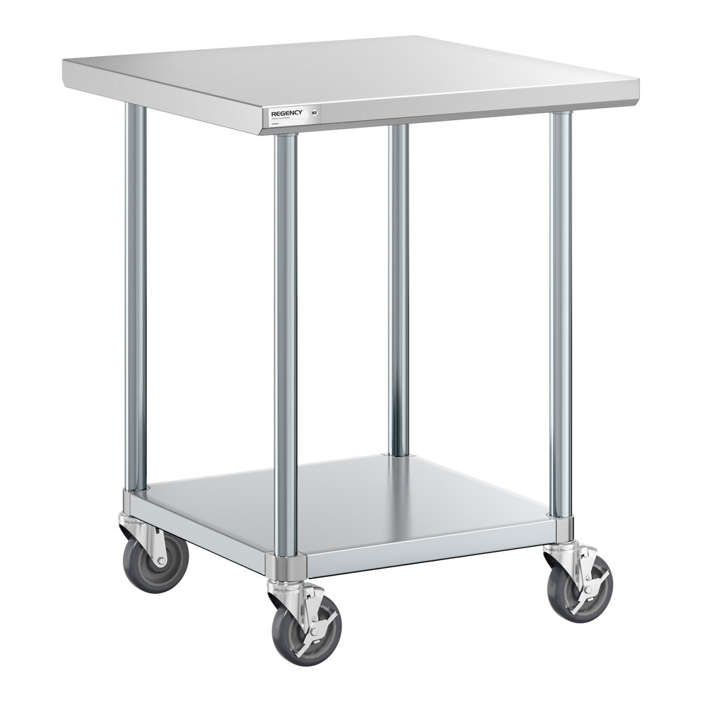 A stainless steel work table with a lower shelf and four caster wheels for mobility.